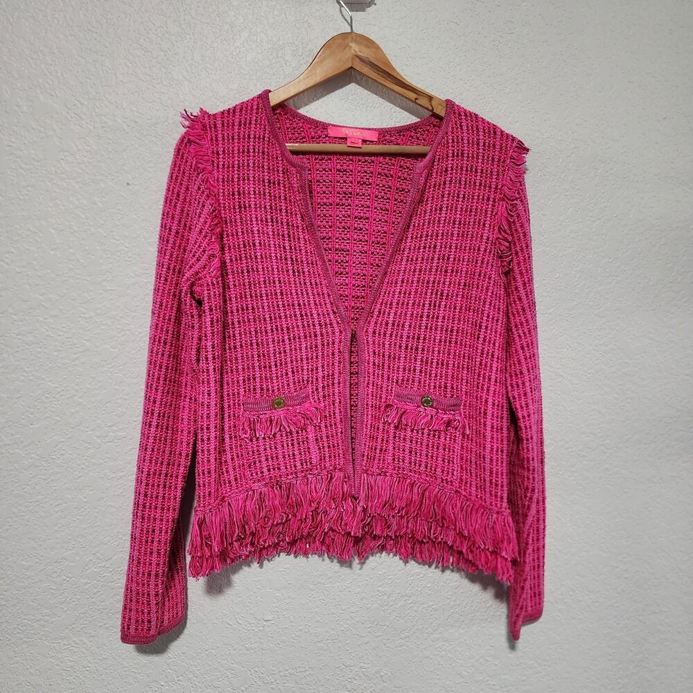 Lilly Pulitzer Tweed Pink Knit Fringe Cardigan Sweater Jacket Medium Preppy
